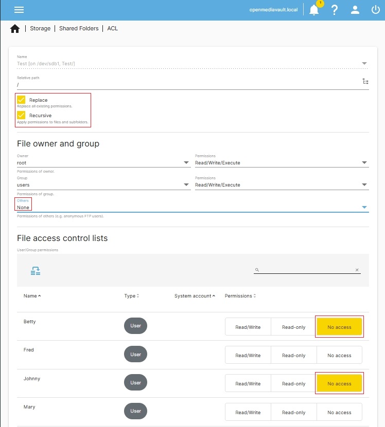 Przykład bardziej szczegółowego dostępu ACL w OMV