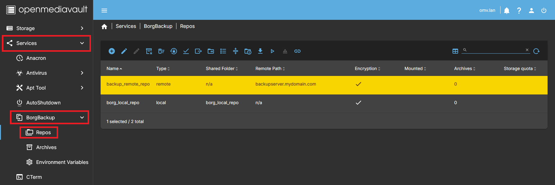 Zakładka Repos w BorgBackup dla OMV