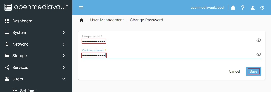 Formularz zmiany hasła administratora panelu OMV