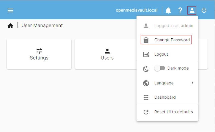 Menu ustawień administratora w OMV