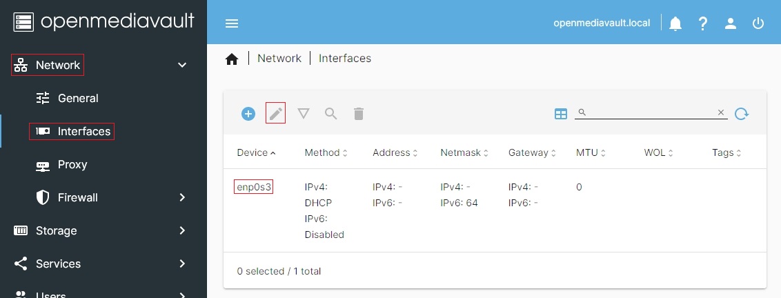 Lista interfejsów sieciowych w OMV
