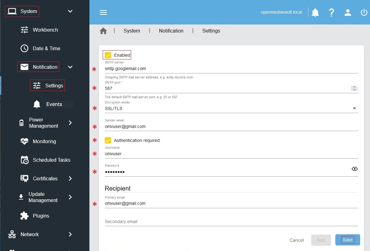 Powiadomienia e-mail w OMV