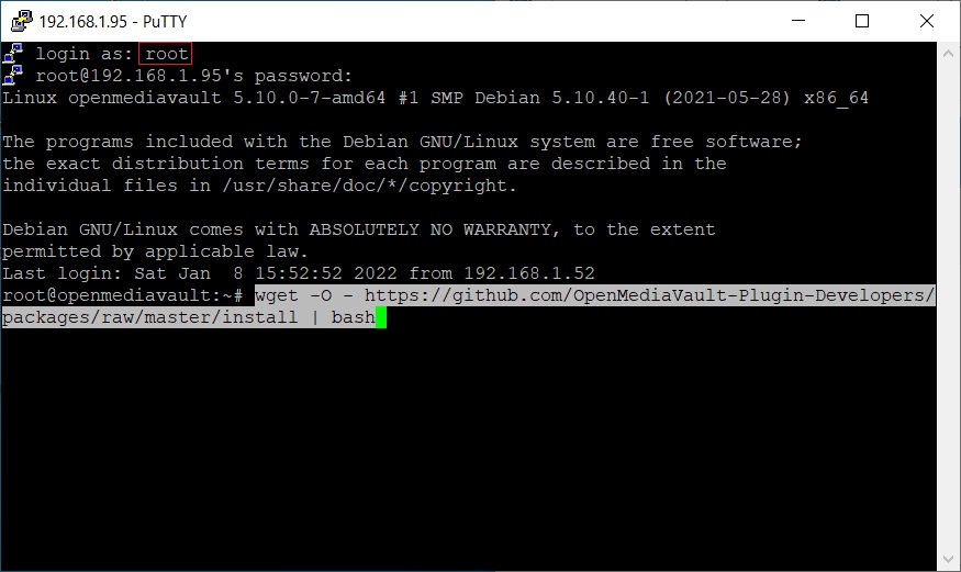 Połączenie z serwerem OMV przez PuTTY