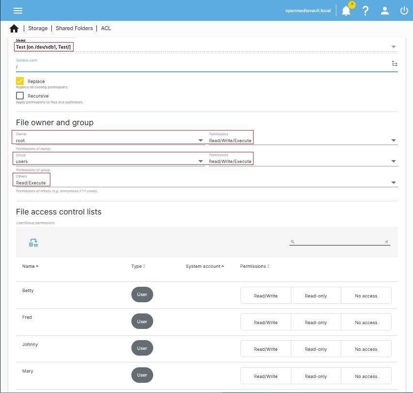 Zwykłe uprawnienia folderu współdzielonego w OMV