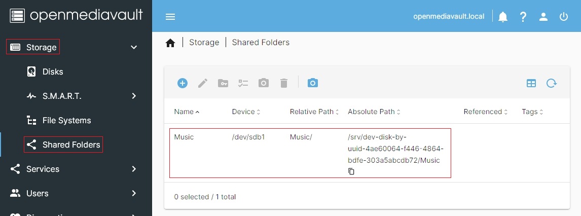 Lista folderów współdzielonych w OMV