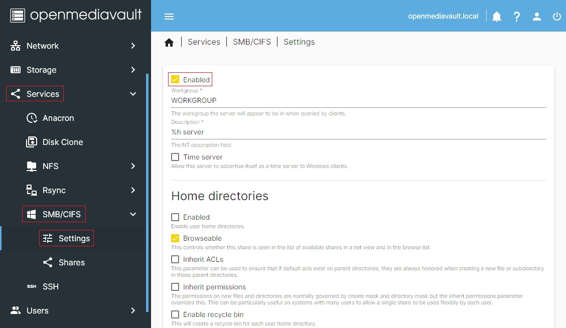 Ustawienia usługi SMB w OMV