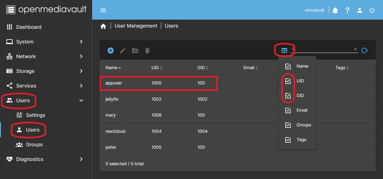 Kolumny widoczne na liście użytkowników w OMV