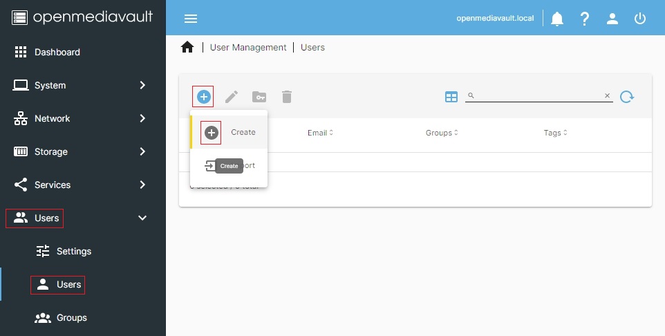 Menu dodawania użytkownika w OMV